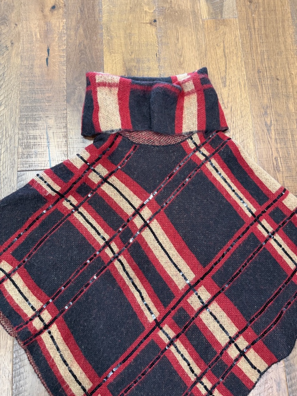 Chico's Red, Black, Cream Plaid Knit Poncho - Picture 3 of 6